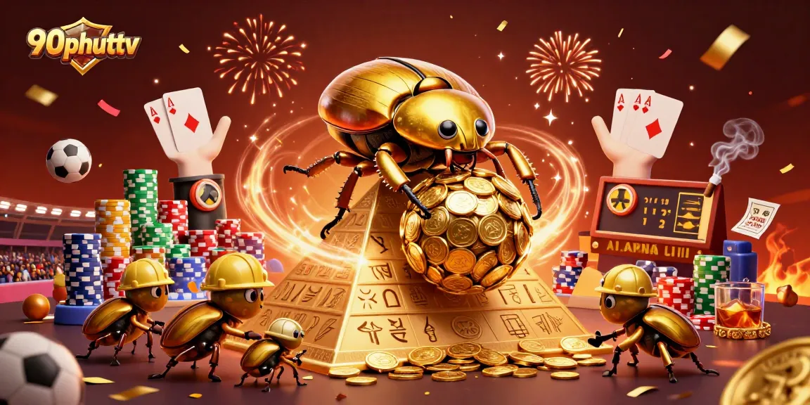 Experience thrilling sports betting with 90phuttv, colorful coins and beetles capturing the excitement!