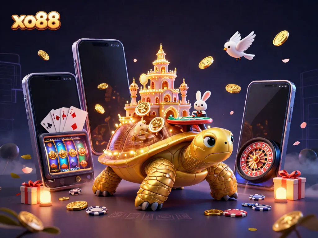 Experience thrilling gambling at xo88 with a giant golden tortoise casino, rabbit dealer, and coins flying.