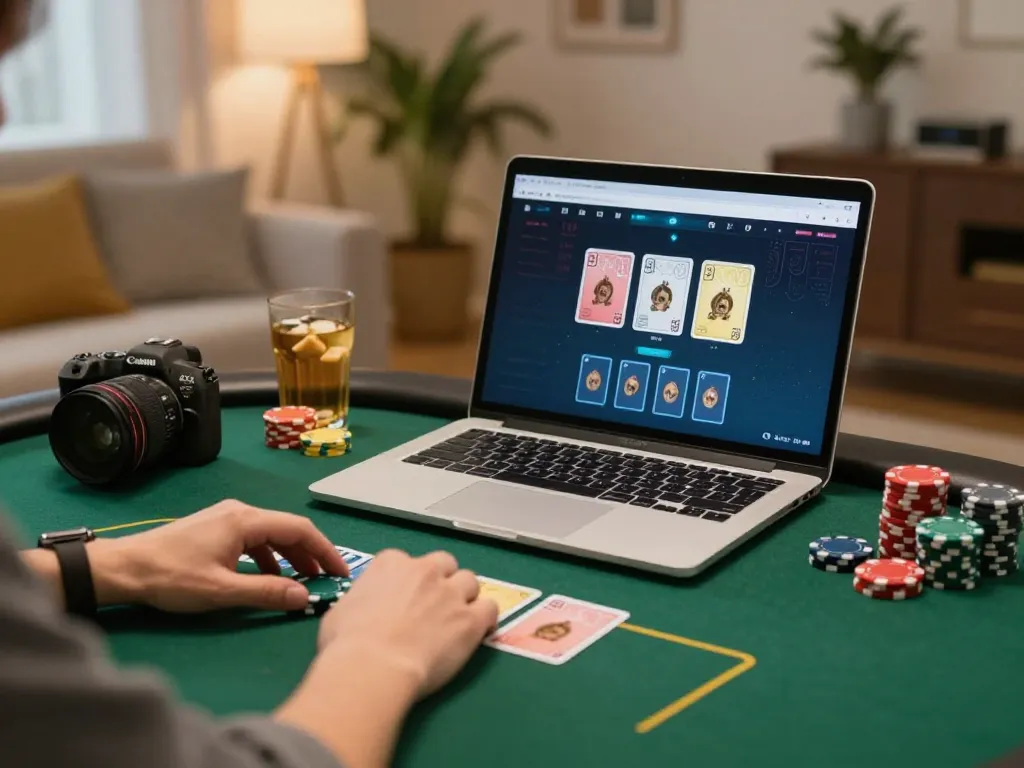 Engaged player strategizing bets on gg88.com poker game interface at home, cozy atmosphere with snacks.