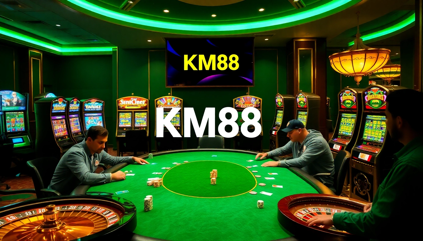 Players enjoying high-stakes gaming at KM88 casino with vibrant slot machines.