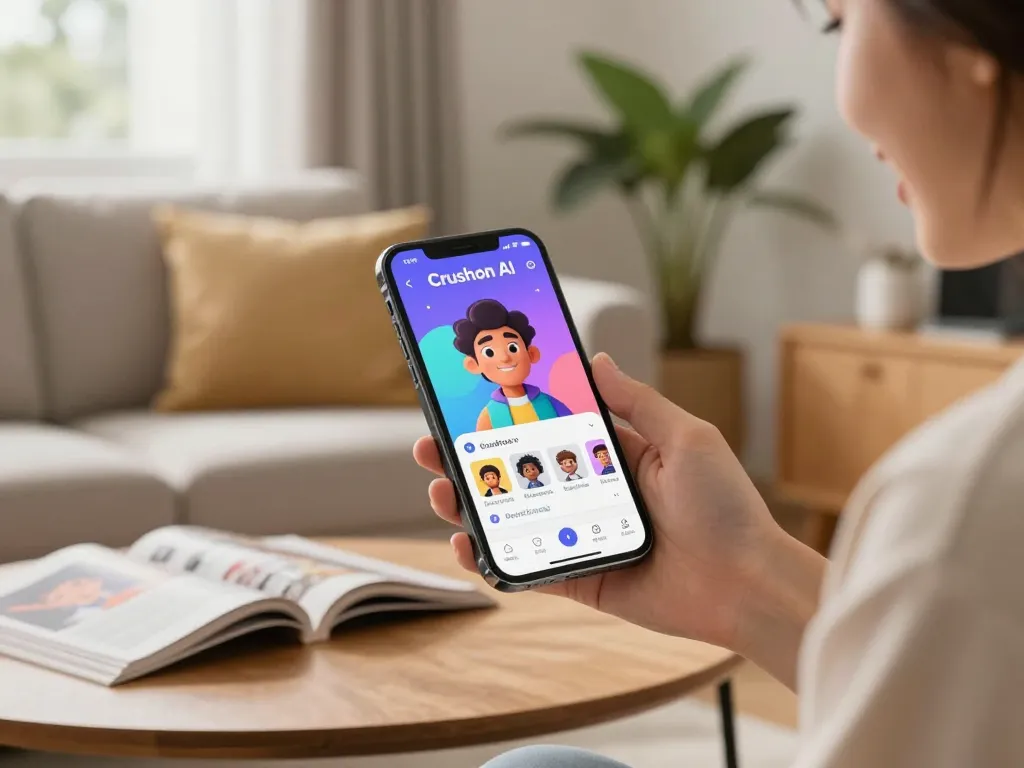 Crushon AI customization experience on smartphone in relaxing living room setting.