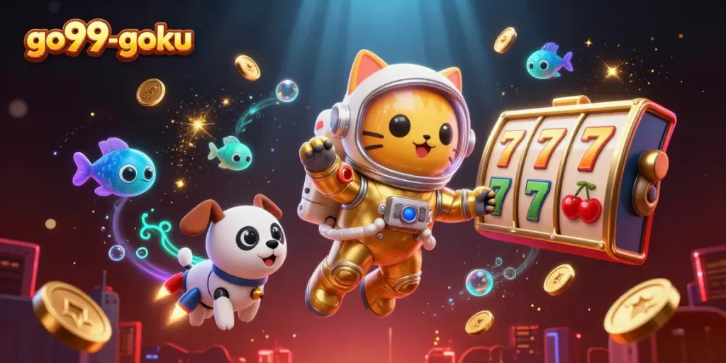 Play exciting slot games with go99-goku’s astronaut cat and robot dog companions celebrating a cosmic jackpot!
