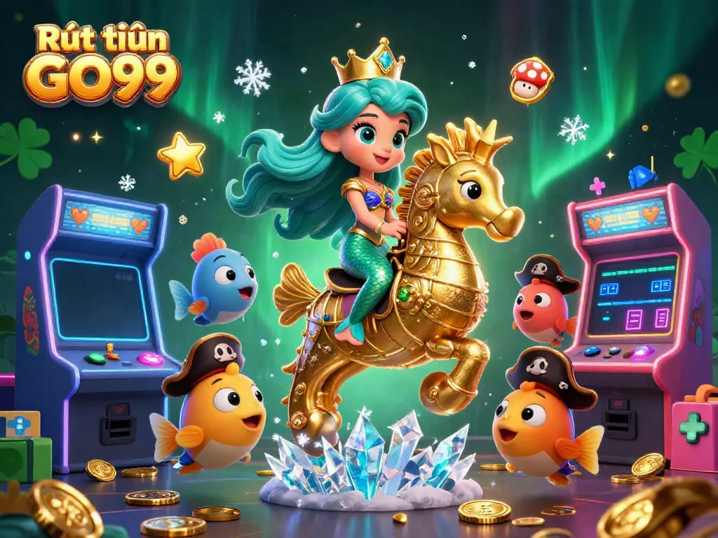 Experience Rút tiền GO99 with vibrant characters and arcade casino elements in a thrilling underwater scene.