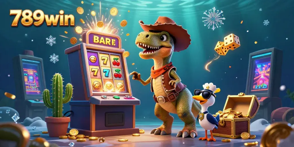 Experience the thrilling jackpot explosion with 789win’s dynamic casino scene featuring cartoon characters and vibrant game elements.