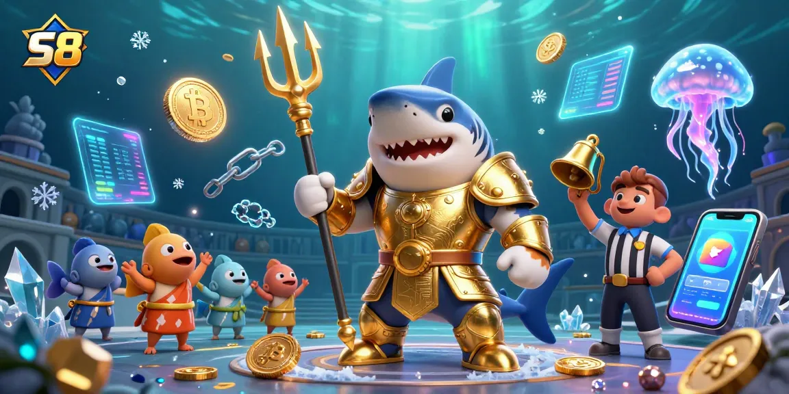 Engage with S8's thrilling underwater casino adventure featuring a shark gladiator amidst vibrant crypto elements.