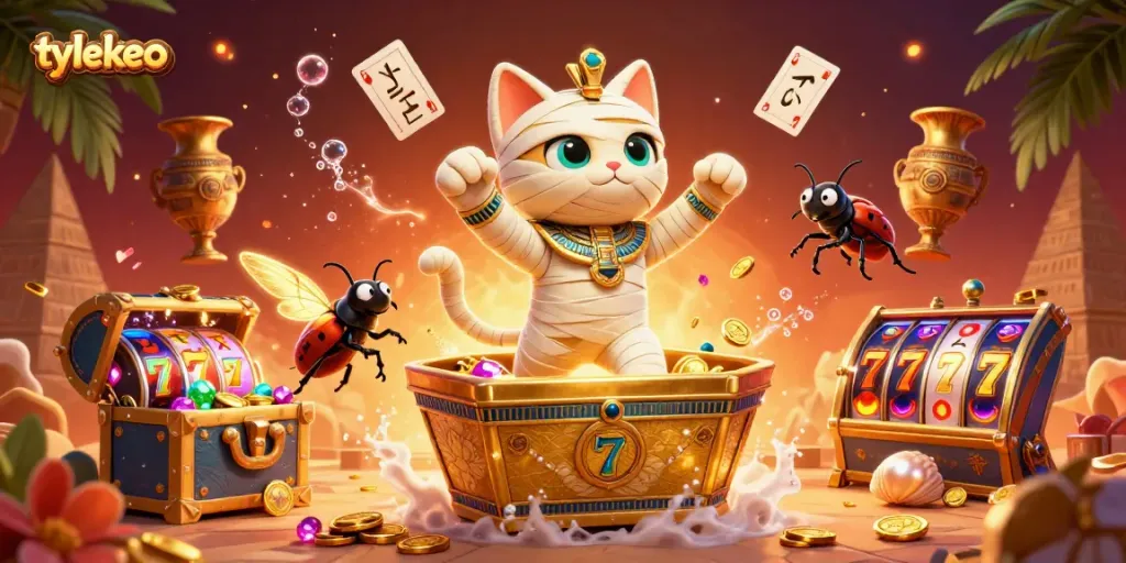 Engage with tylekeo as the Egyptian mummy cat bursts from a golden sarcophagus in a vibrant pyramid casino.
