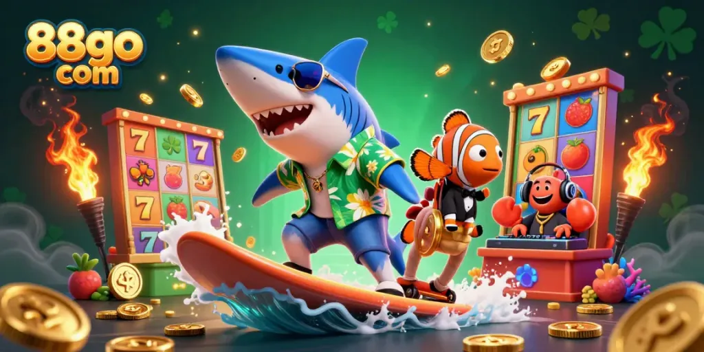 Experience the thrill of 88go com with a vibrant ocean-themed casino scene featuring a surfing shark.