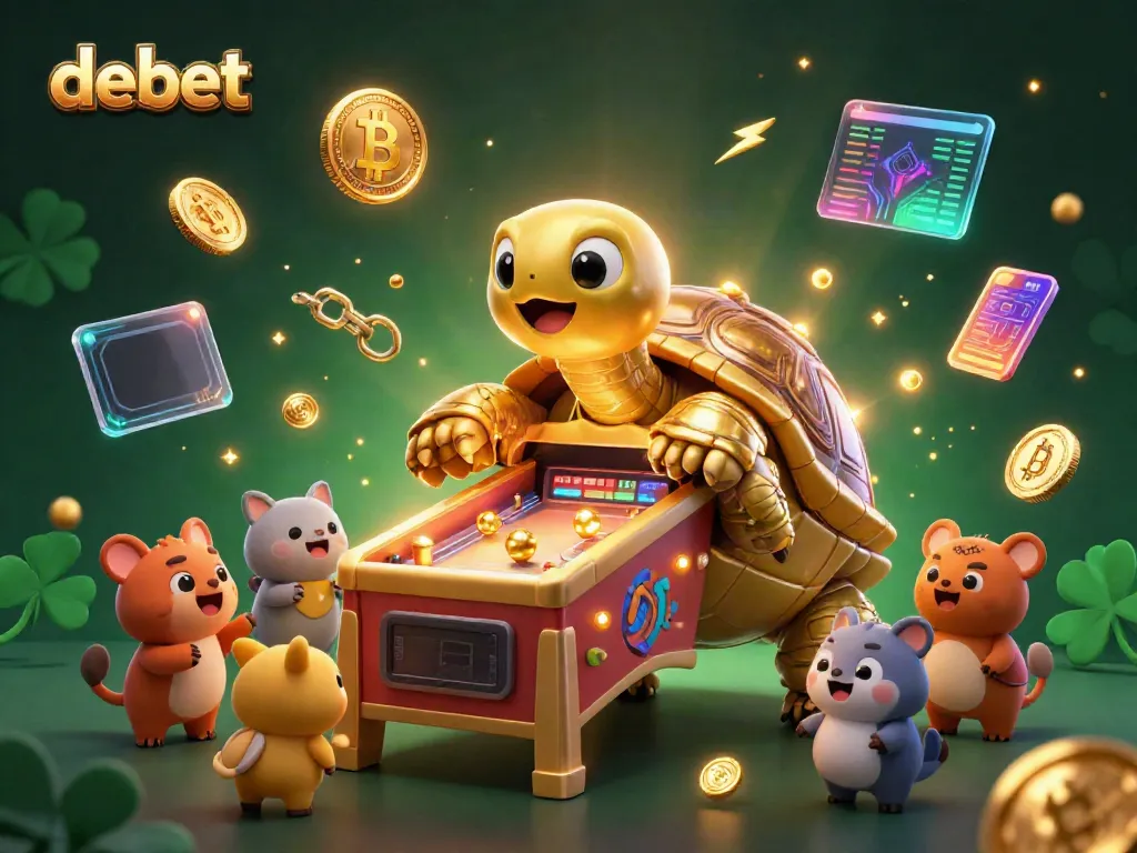 Experience the excitement of debet with a whimsical game scene featuring a golden tortoise and crypto elements.