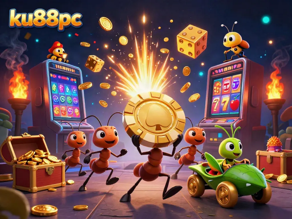 Experience thrilling gameplay at ku88pc with a heist scene showcasing animated ants and a jackpot.