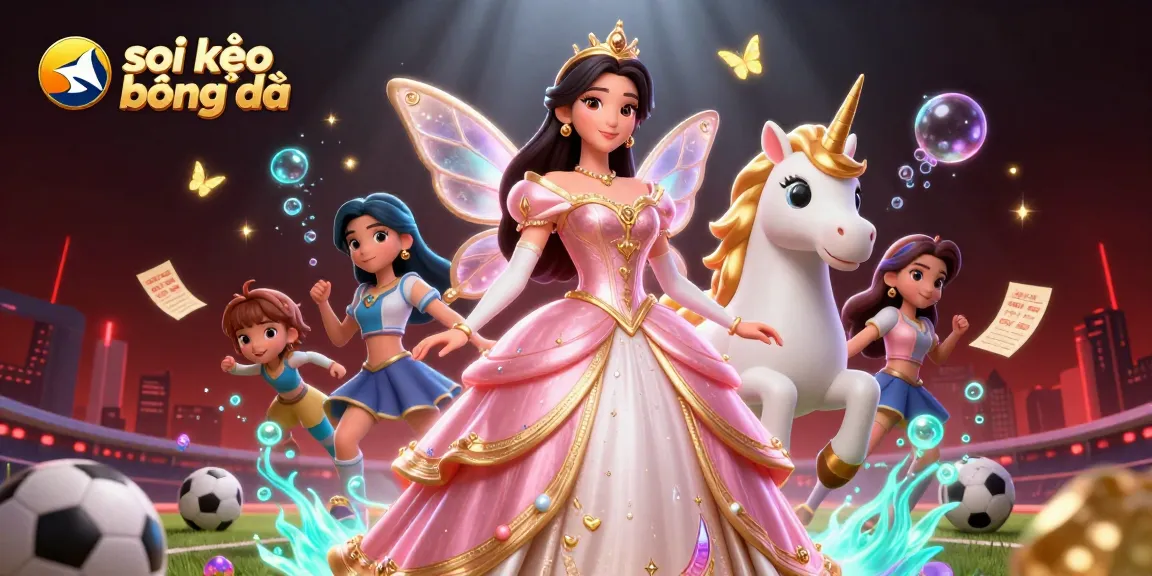 Engage with soi kèo bóng đá in style as a glamorous Asian woman interacts with a golden unicorn in a vibrant sports betting scene.