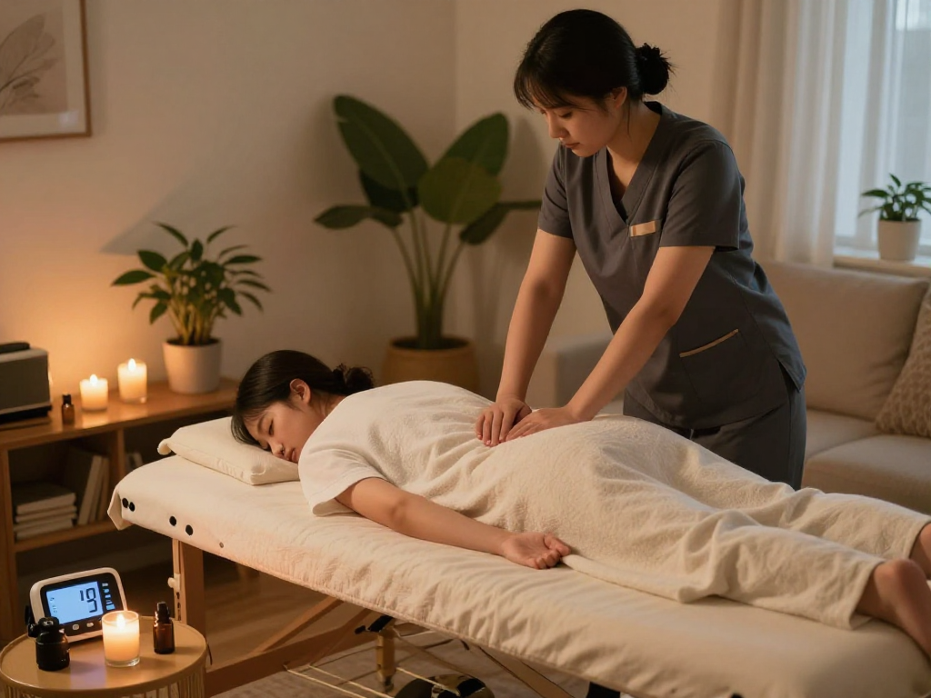 Relaxing 구리출장마사지 session with a therapist and client in a cozy atmosphere.