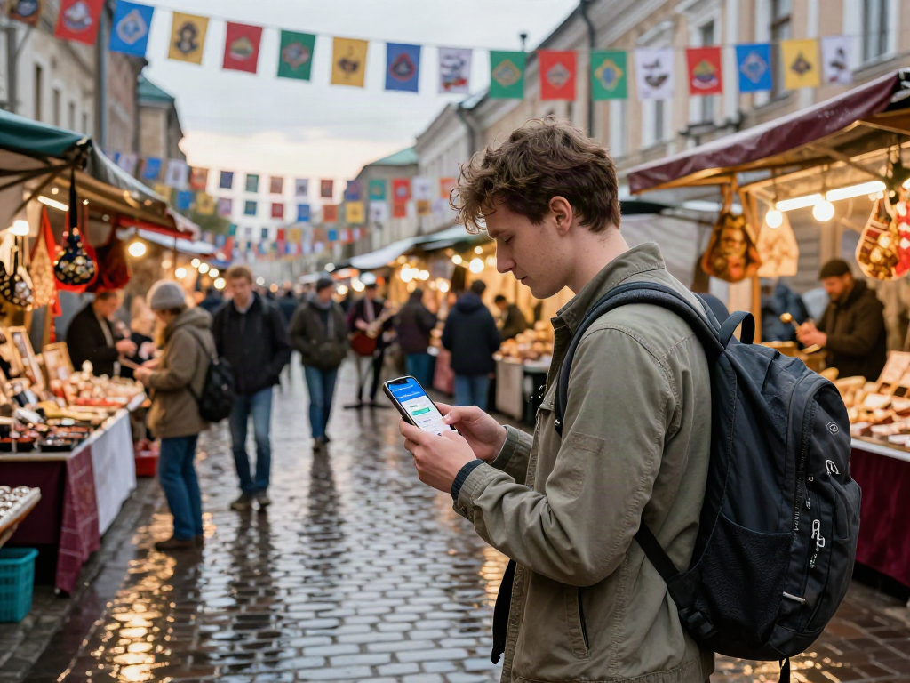 Rusya'da gezgin, https://payinrussia.com/ uygulamasıyla pazar yerinde kolayca ödeme yapıyor.
