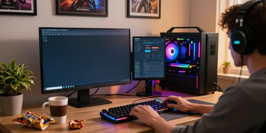 Engaged gamer enjoying GEM88 experience with vibrant setup and accessories.