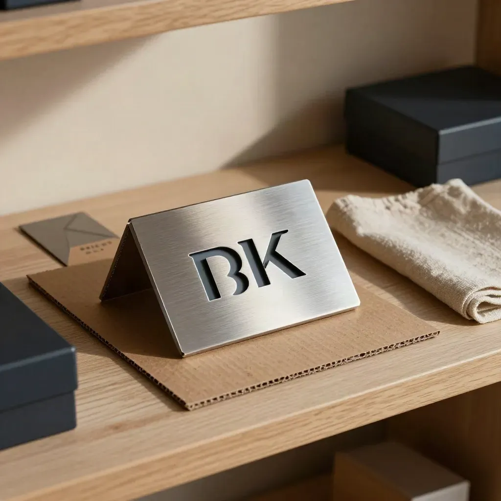 Logo tasarımı için metal marka işareti, karton prova kırpıntıları ve keten kumaşlı sıcak stüdyo köşesi.