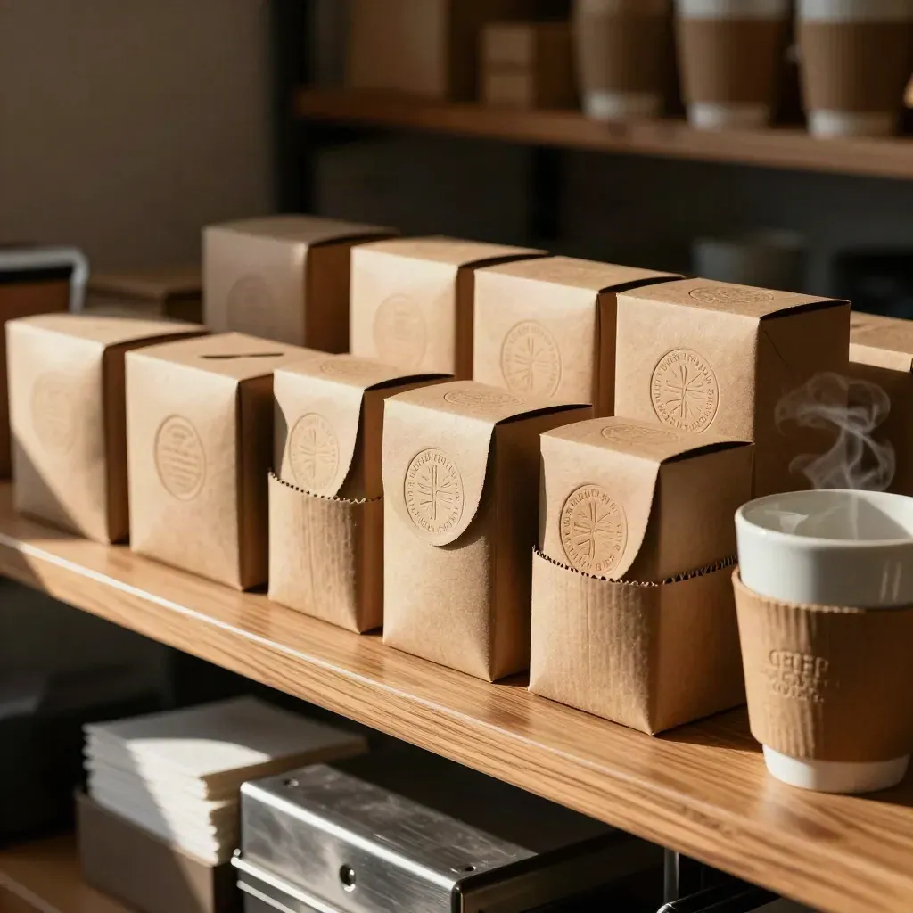 Kraft kahve kutuları, bardaklar ve buharlı paketleme alanının yakın planı.