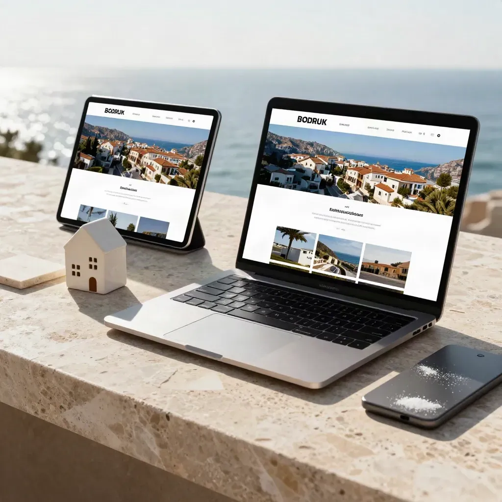 Bodrum emlak ofisinde açık laptop ve tablet üzerinde canlı web arayüzü, yanlarında seramik ev modeli.