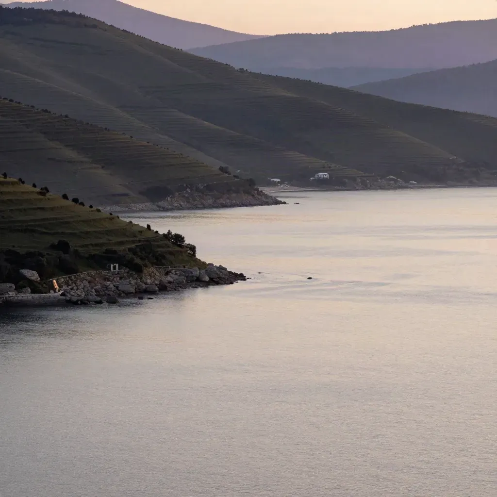 İzmir Körfezi, zeytin yamaçları ve sisli Ege kıyısı, sakin su ve geniş boş alan.