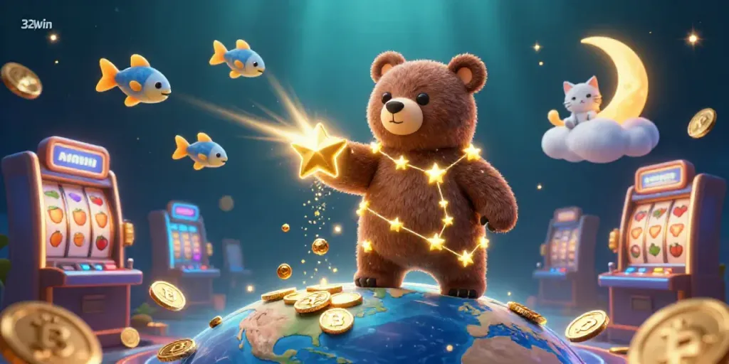 Engage in the dynamic casino experience of 32win with colorful slot reels and enchanting characters.