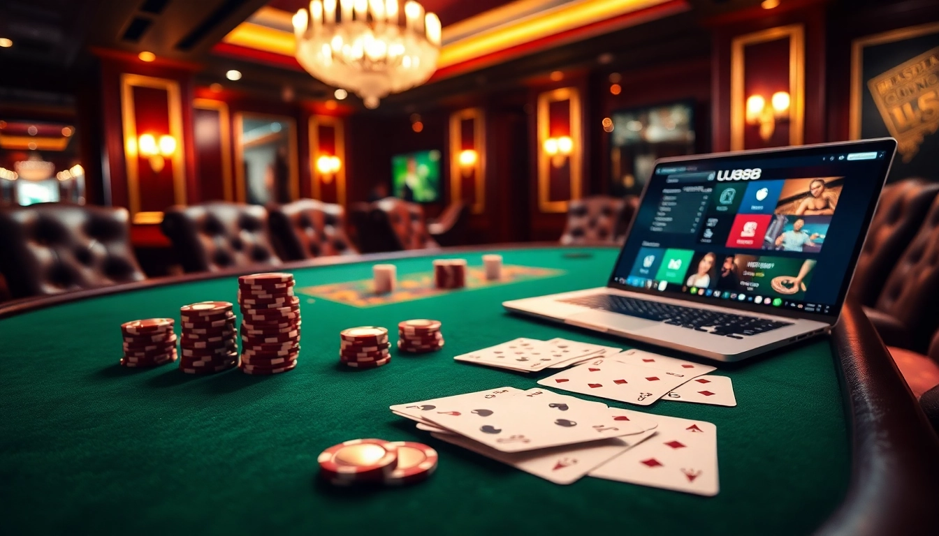 Experience the excitement of uu88 bet at a luxurious casino poker table with professional chips and cards.