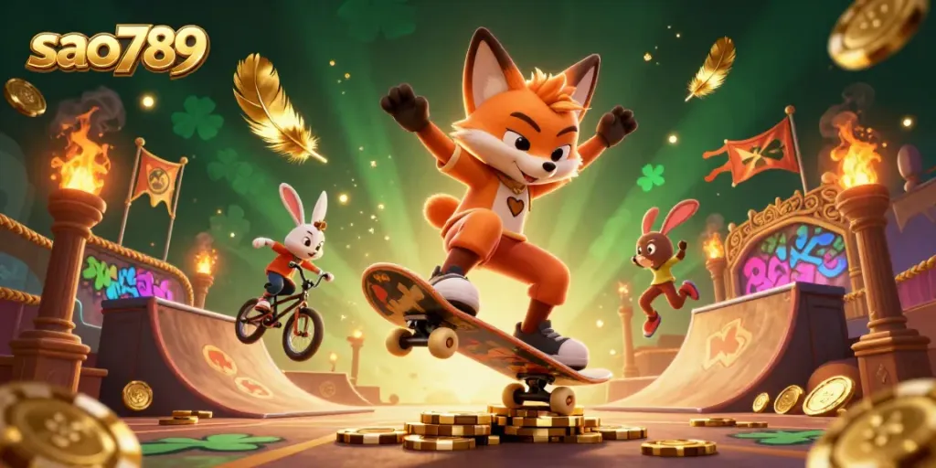 Experience thrilling action in sao789, with a fox and rabbit engaging in casino-themed stunts.