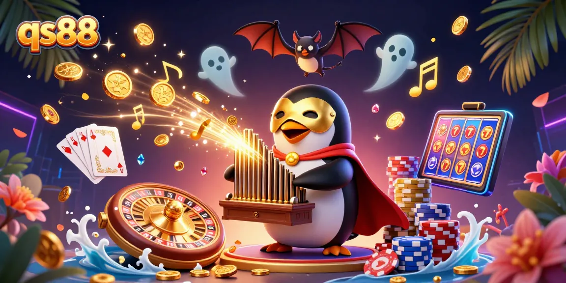 Enjoy thrilling gaming action at qs88 with a playful penguin and rich casino elements.