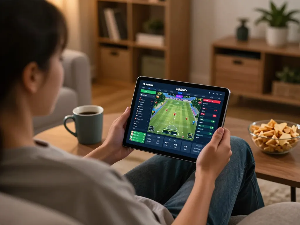 Cakhiatv user engaging in dynamic online sports betting on a modern tablet in a cozy home setting