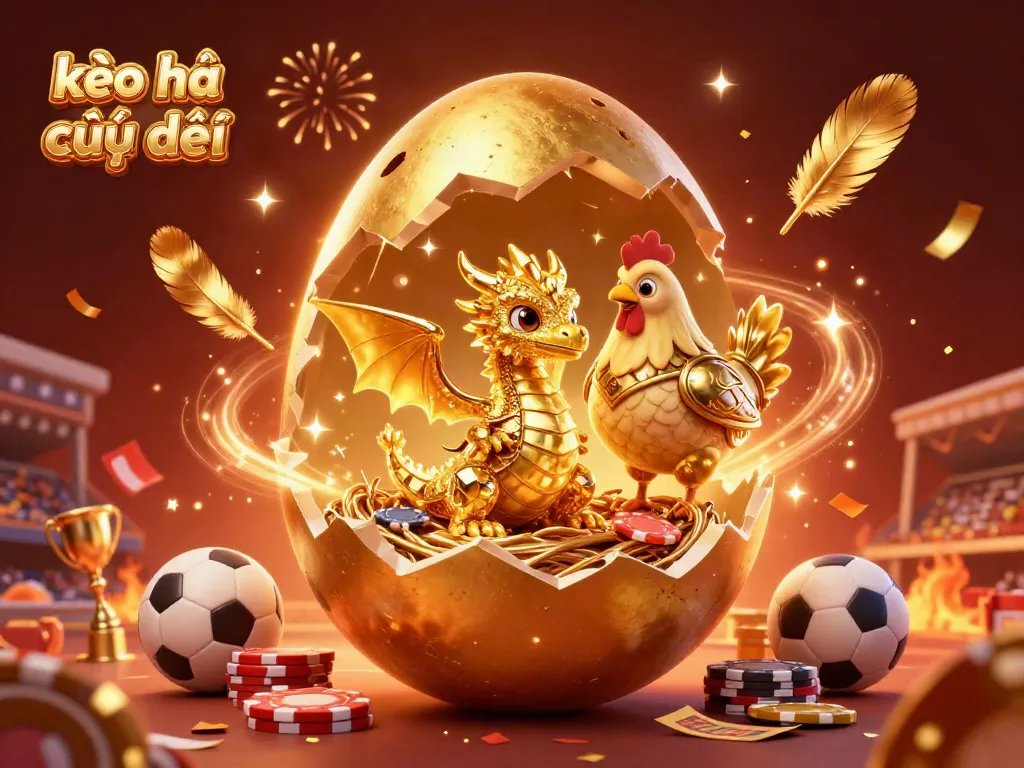 Engage in kèo nhà cái trực tiếp with this vibrant illustration showcasing a golden egg opening to reveal a dragon and poker chips.