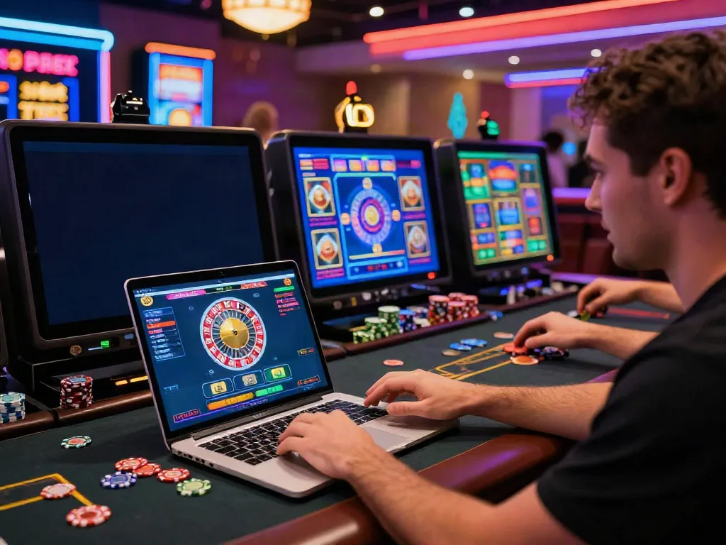Engaging online casino scene showcasing fc88 gaming excitement and colorful lights.