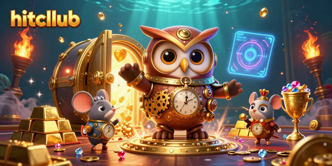 Experience the excitement of hitcllub with a vibrant casino illustration showcasing time-traveling characters amidst treasures and games.