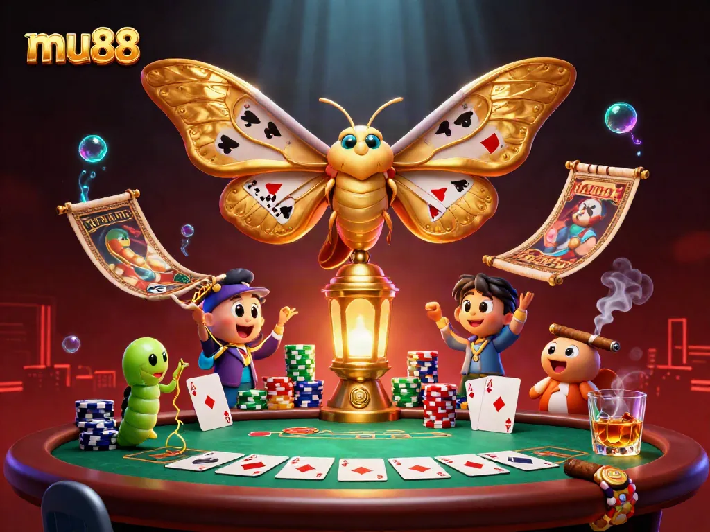 Experience thrilling gaming at mu88 with vibrant casino elements and a majestic moth.