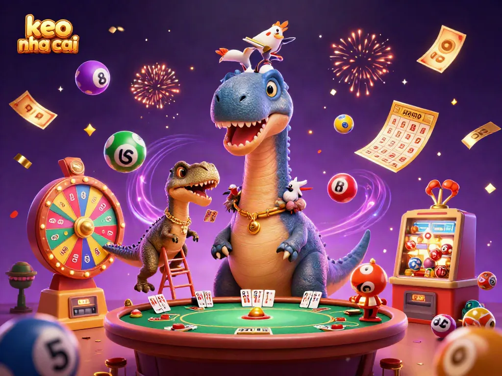 Engage with keo nha cai excitement as a cartoon brontosaurus presides over a vibrant casino scene.