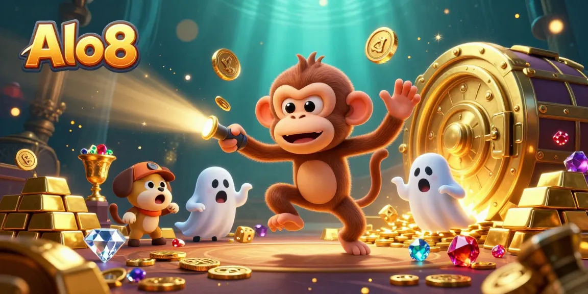 Alo8 entertains with a ghost-hunter puppy tracking a playful poltergeist monkey amidst casino treasures.