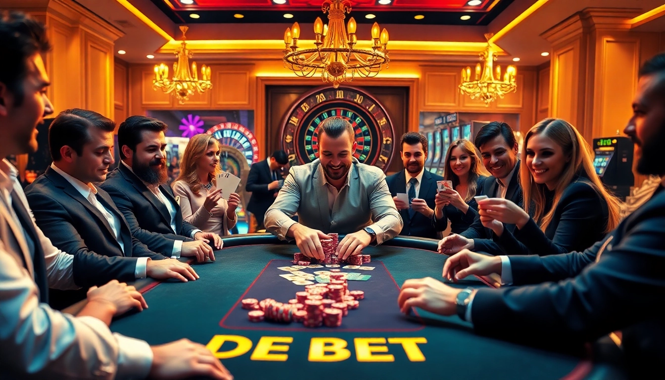 Play exciting poker at DE BET with vibrant chips and intense focus on winning.