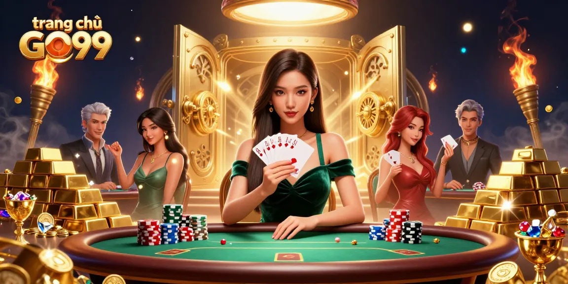 Play on trang chủ GO99 with a stunning poker illustration featuring luxurious casino elements.