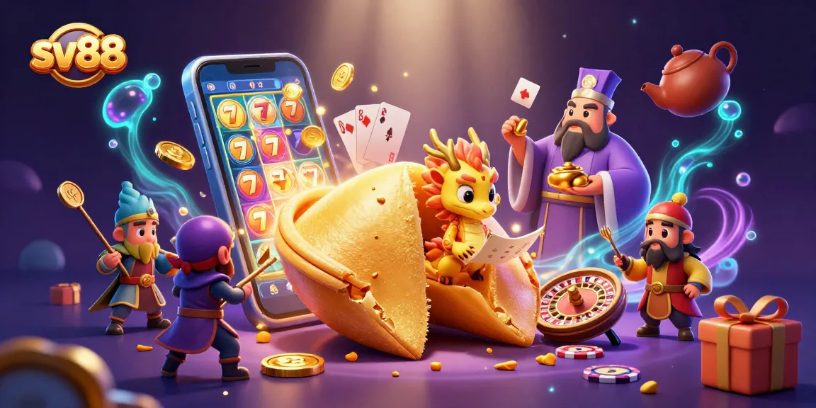 Engage with sv88 gaming excitement featuring a golden fortune cookie scene filled with dynamic casino elements.