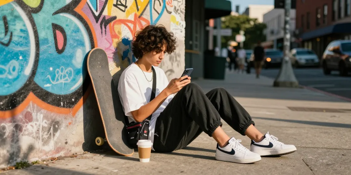 The street-style scene showcases rokok88's urban fashion, featuring a stylish individual in trendy attire against a vibrant graffiti backdrop.