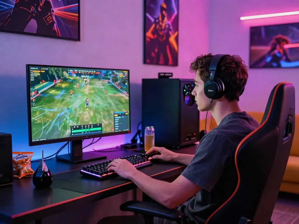 Exciting gaming setup with man88 sports betting interface, vibrant LED lights, and modern gaming chair.