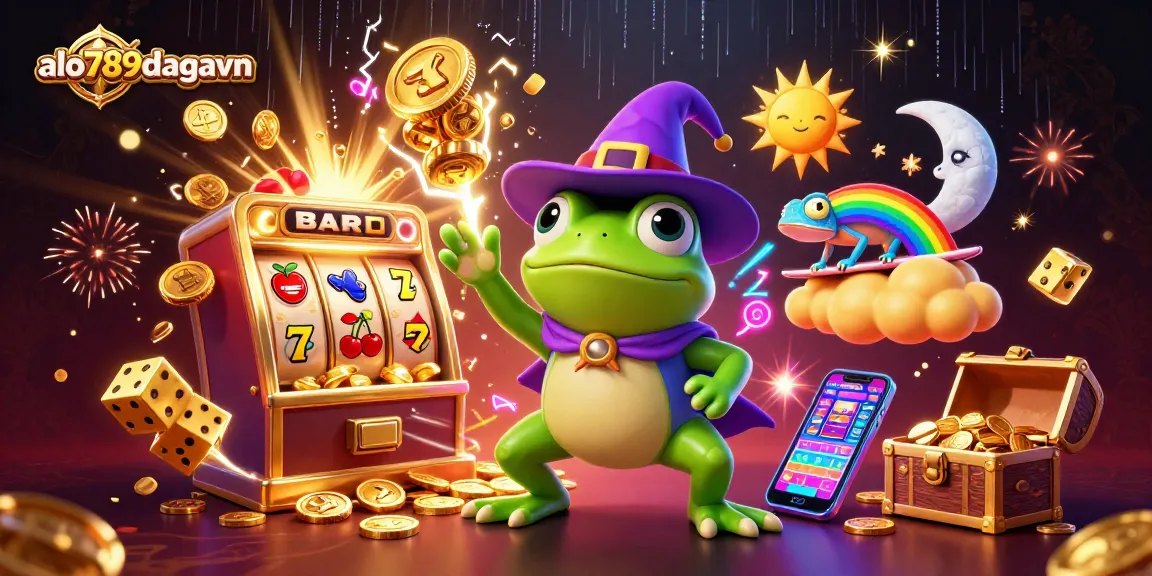 A stunning scene at alo789dagavn showing a wizard frog creating a storm of golden coins amidst exciting casino elements.