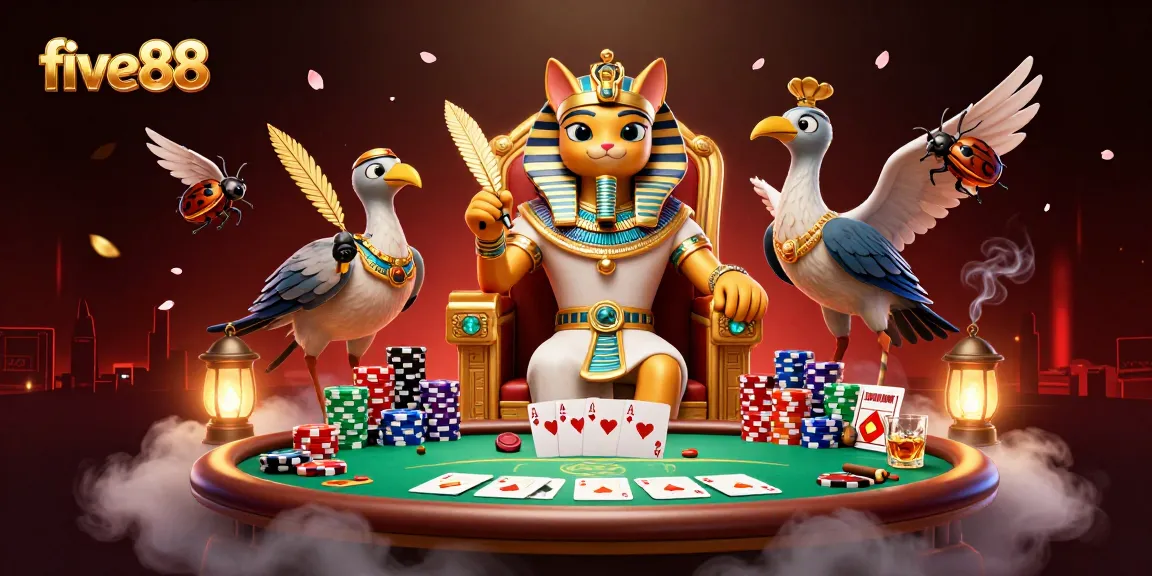 Experience thrilling poker moments with five88 in this vibrant casino scene illustration.
