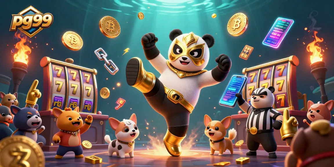 Experience the action at pg99 with a dynamic wrestling panda amidst jackpot slots and crypto elements.