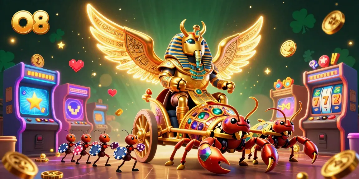 Experience thrilling adventures at O8, featuring a golden scarab and vibrant slots amid casino excitement.