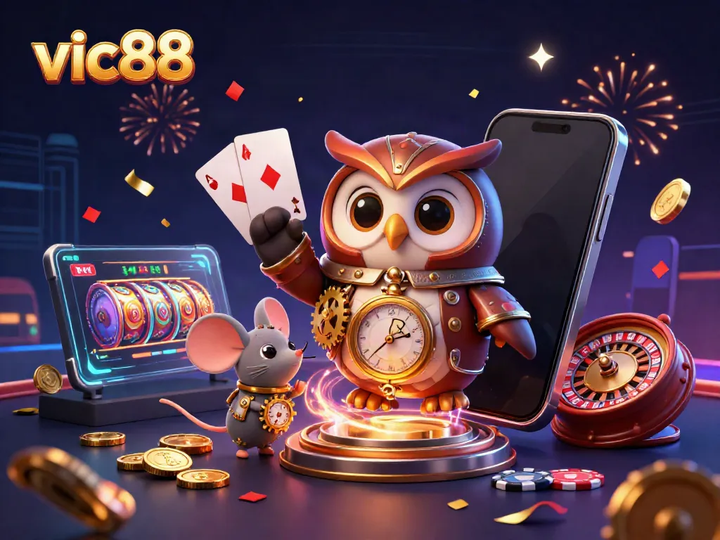 Win exciting rewards with vic88 at the dynamic casino scene featuring 3D characters and vibrant gaming elements.