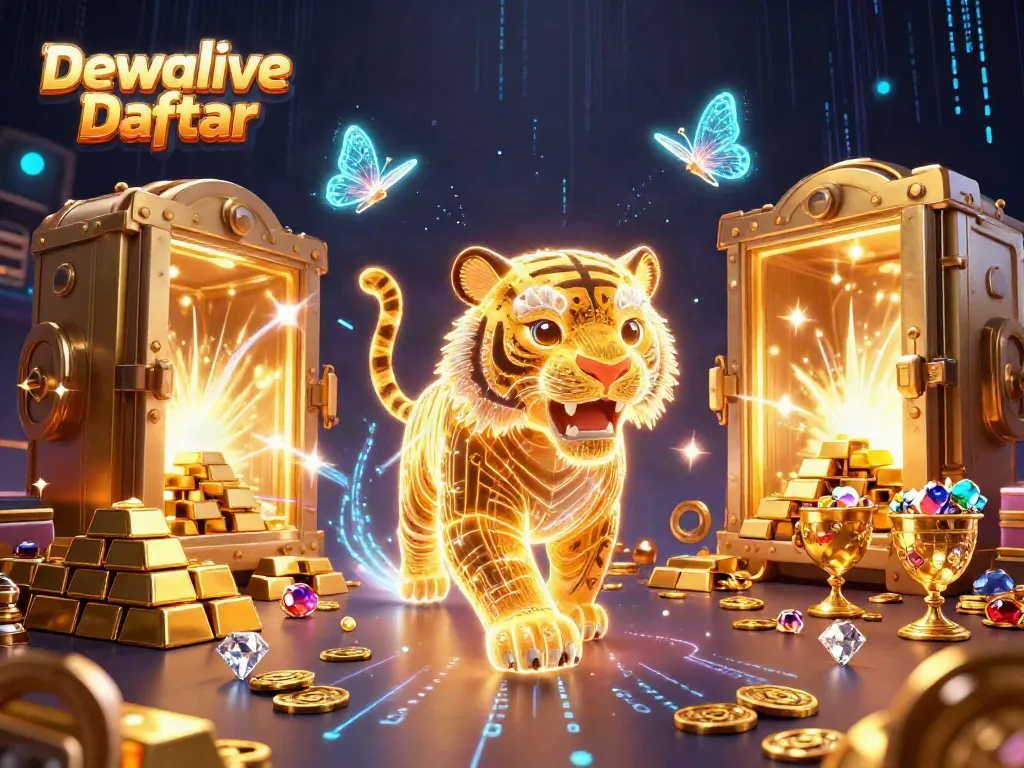 Dewalive Daftar menampilkan harimau energik dari cahaya berkeliaran di kasino digital, dikelilingi harta karun berkilau.