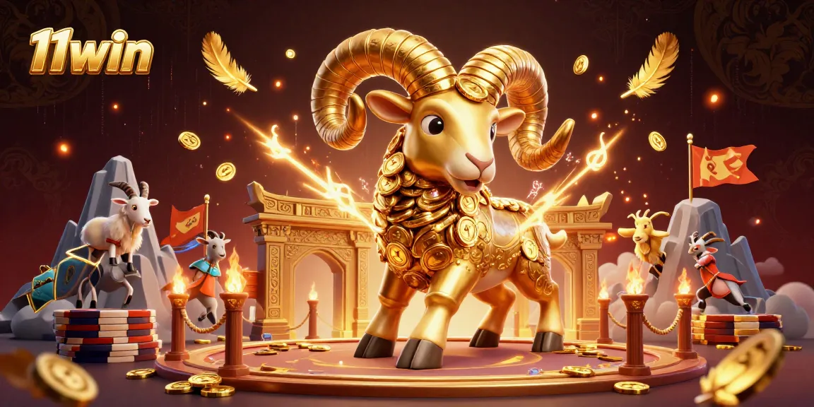 Engage with 11win's vibrant casino scene featuring a golden ram charging through an ornate gate.