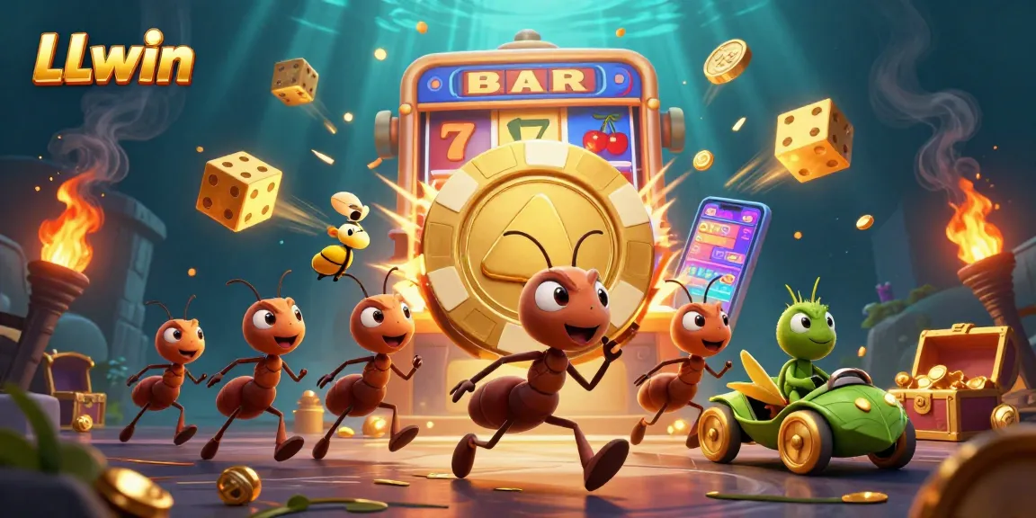 Experience the thrill of LLwin as cartoon ants carry a giant poker chip through a vibrant casino heist scene.
