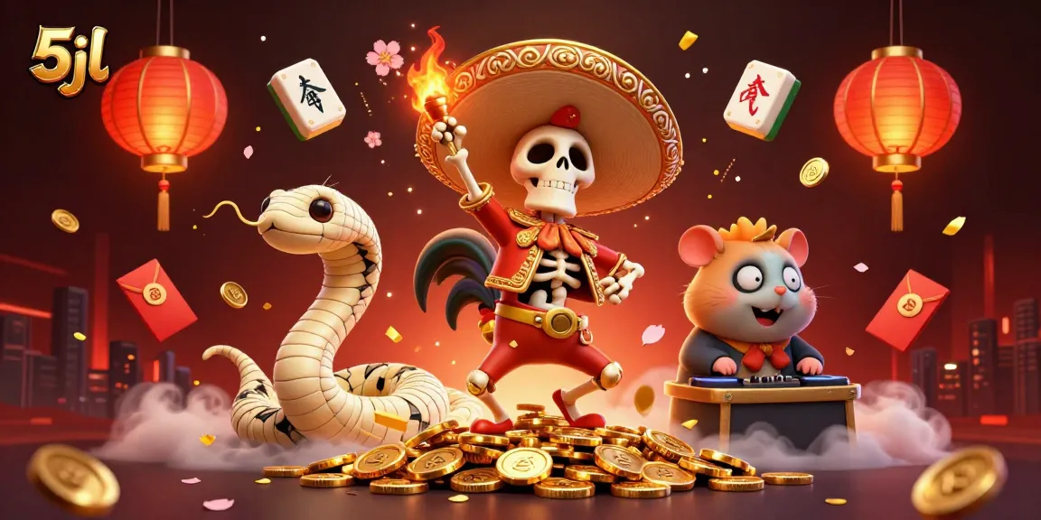 5jl showcases a vibrant scene with a skeleton mariachi dancer, golden coins, and festive elements.