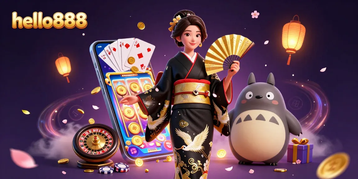 Experience excitement with hello888 in a vibrant casino-themed 3D illustration featuring games and characters.