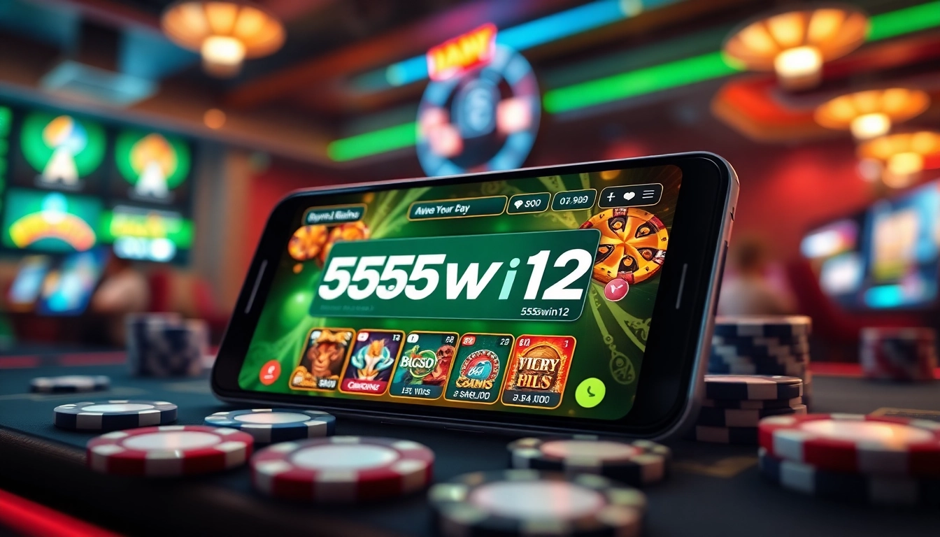 Engaging digital casino interface featuring the 555win12 application with rich colors and casino elements.