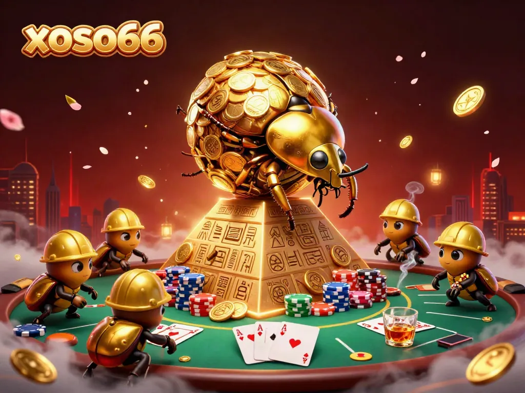 Xoso66 presents a vibrant 3D illustrated scene with golden beetles and poker elements showcasing casino excitement.