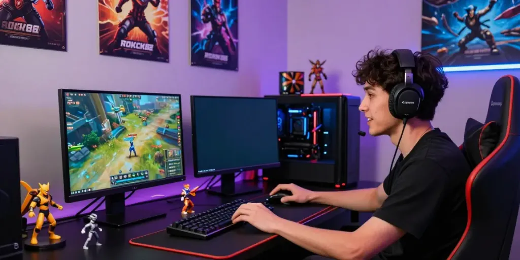 Dynamic gamer engaging with ROKOK88 content in a vibrant gaming setup.